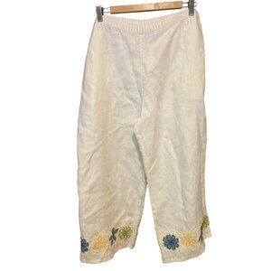 Womens Wildroot Linen Cream Medium Pant Embroidered Applique Elastic Waist PKTS